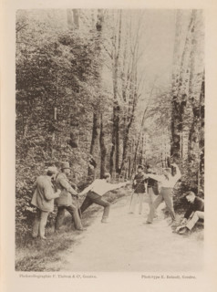 A group of unknown men, two of whom are fencing on a path through the forest, Action, page,