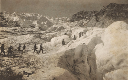 View of Alpine hunters in the mountains in Pelvoux, La 2nne du 30nne chasseurs alpins in the massif