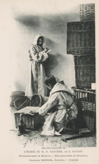 Two monks with wicker baskets and a bottle, page, photomechanical print, inscription: 'Gravure
