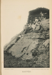 Group of people climbing a rock wall, Sauvés!, page, photomechanical print, maker: P. Odier, maker:
