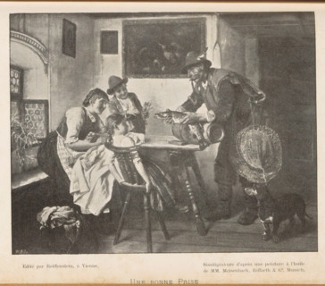 Reproduction of a painting of a family at the table, probably by Adolf Eberle, Une bonne Prize,