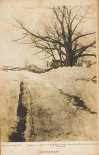 View of a country road in the snow, Christmastide, photograph, page, inscription: 'Imprimé sur