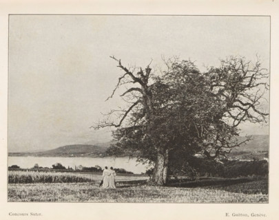 Two women in a meadow, with hills and a lake in the background, page, photomechanical print,