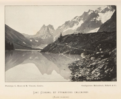 View of a mountain lake, probably in Switzerland, Lac Combal et pyramides calcaires, page,