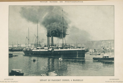 Départ de paquebot chinois, a Marseille, View of a ship setting sail in Marseille, page,