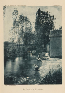 Au bord du Nusseau, View of a river with children playing, page, photomechanical print,