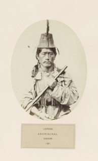 Portrait of an unknown man with a weapon from the Lepcha community of Sikkim, photograph, page,