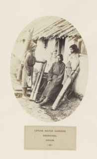 Three water carriers in front of a house from the Lepcha community of Sikkim, photograph, page,