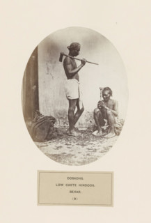 Two unknown men with tools from the Dusadh community of Bihar in eastern India, photograph, page,