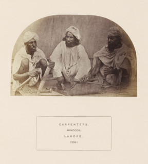Portrait of three unknown carpenters with tools from Lahore, Punjab, Pakistan, photograph, page,