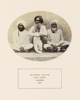 Portrait of three unknown men from the Mazhabi Sikh community of Lahore, Punjab, Pakistan,