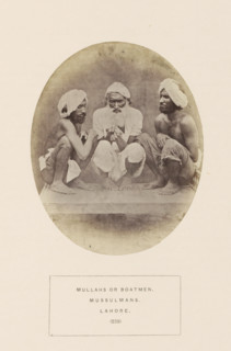 Portrait of three unknown bargemen from Lahore, Punjab, Pakistan, photograph, page, inscription: