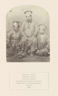 Portrait of Danja Khan, Ahmed Khan and Jaffur Khan, Sindh, Pakistan, photograph, page, Left: Ahmed