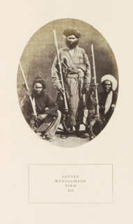 Portrait of three unknown men from the Jokhio Sindhi tribe in Sindh, Pakistan, photograph, page,