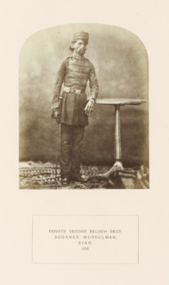 Portrait of a soldier in the second Baloch regiment, Sindh, Pakistan, photograph, page,