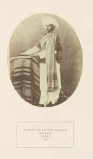 Portrait of an unknown money changer in Sindh, Pakistan, photograph, page, inscription: 'SHROFF OR