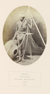 Potrait of an unknown fisherman from the Mohana tribe with a net and a stone vessel, Sindh,