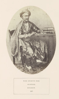 Portrait of Rao Krishn Rao, a pundit from Sagar at a reading table, Madhya Pradesh, India,