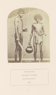 Portrait of two unknown men from the Yenadi tribe with a pot, knife and sticks, Chengalpattu, Tamil