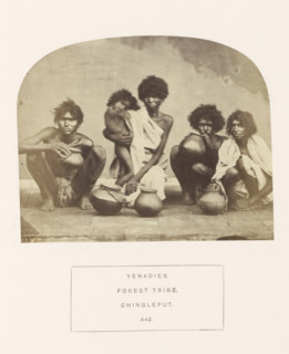 Group portrait of a family from the Yenadi tribe with cooking pots, Chengalpattu, Tamil Nadu,