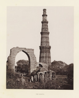 View of the Qutb Minar in Delhi, The Kootur, page, photomechanical print, photographer: Bourne &