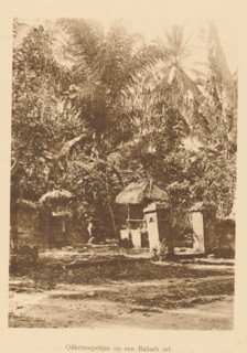 Sacrificial temples on a Balinese yard, View of a sacrificial temple in a wooded area, page,