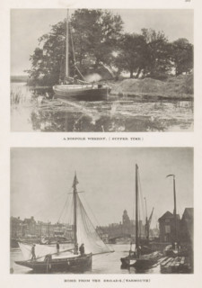 View of a wherry along the bank, A Norfolk wherry, (supper time), page, photomechanical print,