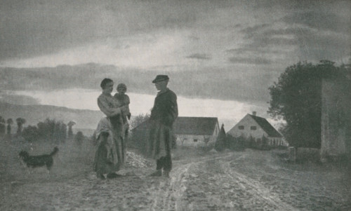 Feierabend, Landscape with farm and family, page, photomechanical print, monogram: 'BX',