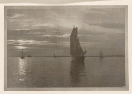 Sailboats at sunset, Vor sonnen-untergang, page, photomechanical print, inscription:
