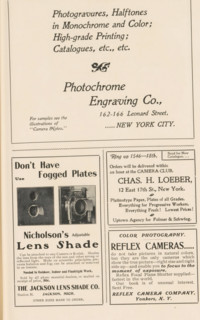 Detail of the front of a camera with lens hood, page, photomechanical print, c. 1896 - in or before