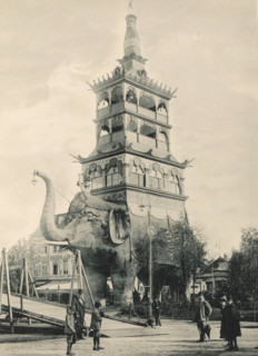 View of an elephant with a building on its back, recreated at the Antwerp World Exhibition in 1894,