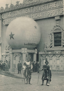 Two men in front of a diorama at the Antwerp World Exhibition in 1894, Le Continent mistérieux,