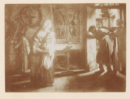 Photo reproduction of a painting of good and evil in an anteroom by Willem Linnig (II), photograph,