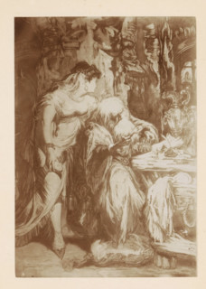 Photo reproduction of a painting of an old man at a table, with a young woman behind him by Willem