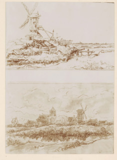 Photo reproduction of two drawings of windmills in a landscape by Willem Linnig (II), photograph,