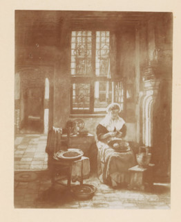 Photo reproduction of a painting of a woman peeling potatoes in a kitchen by Willem Linnig (II),