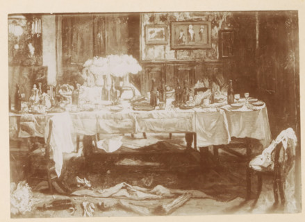 Photo reproduction of a painting of a table with remnants of a feast on it by Willem Linnig (II),