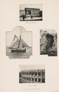 Photomontage of the Maison Carrée, the arena and views around Nimes, page, photomechanical print,