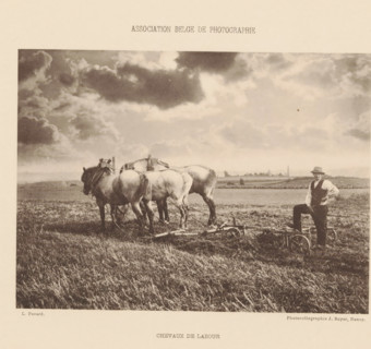 Farmer in the field with work horses, Chevaux de labour, page, photomechanical print, inscription: