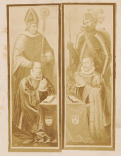 Photo reproduction of a design of a praying man, with a bishop behind him, photograph,