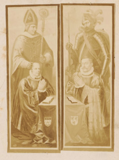 Photo reproduction of a design of a praying man, with a soldier behind him, photograph,