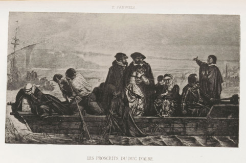 Reproduction of a work by Ferdinand Pauwels, Les proscrits du duc d'albe, reproduction, page,