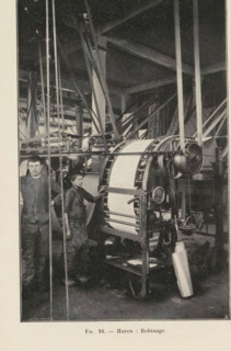 Two men and a paper bending machine in a printing shop in Haren, Belgium, page, photomechanical