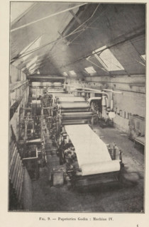 View of a paper production machine at the Godin paper mill in Huy, page, photomechanical print,