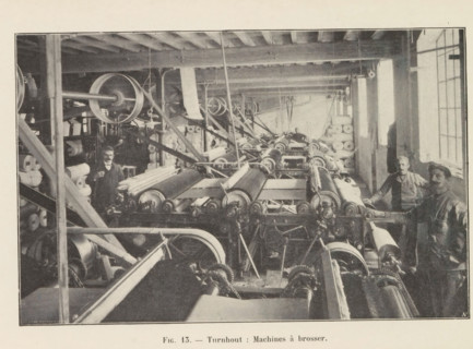 View of a workshop with brushing machines in a paper factory in Turnhout, page, photomechanical