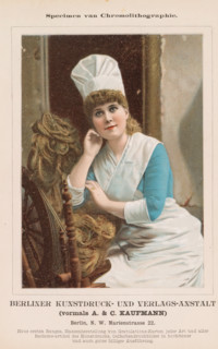 Portrait of an unknown woman behind a spinning wheel, Specimen van Chromolithographie, page,