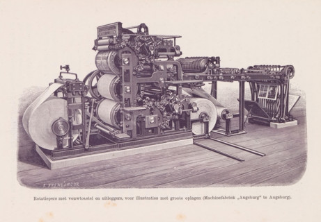 Reproduction of an engraving of a rotary press by Richard Brend'amour, Rotary press with folding