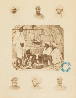 Collection of portraits and a company of Indian men illustrating various types of turbans. Plain