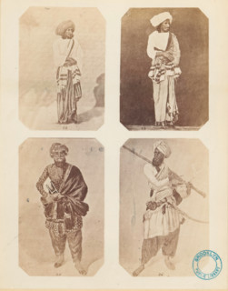 Male attire. cotton and silk., Photo reproduction with four portraits of Indian men illustrating