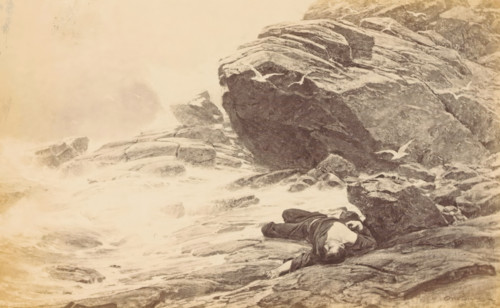 Perdu!', Photographic reproduction of a painting of a man washed ashore on a rocky coast, by Otto